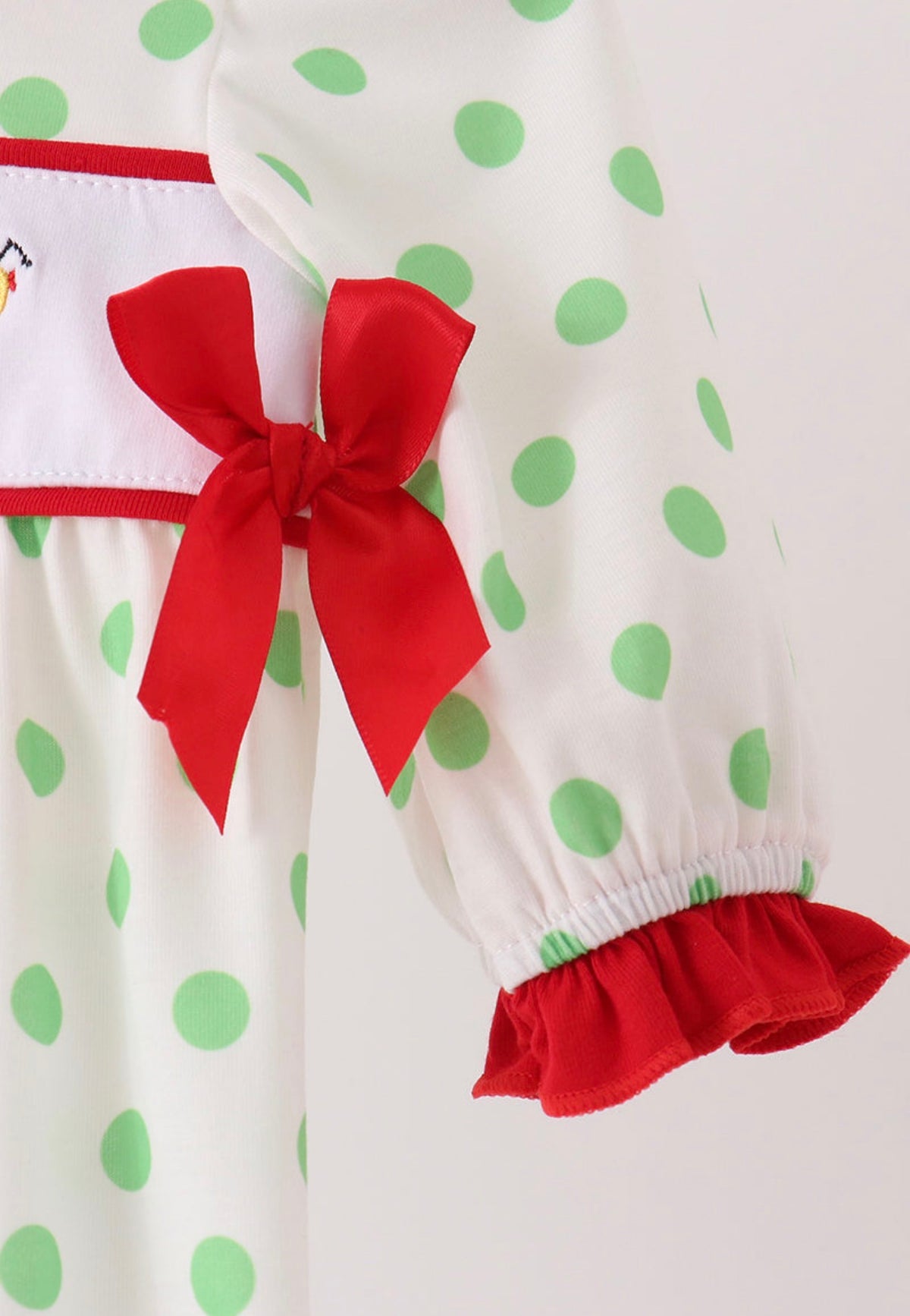 Green grinch embroidery ruffle dot romper
