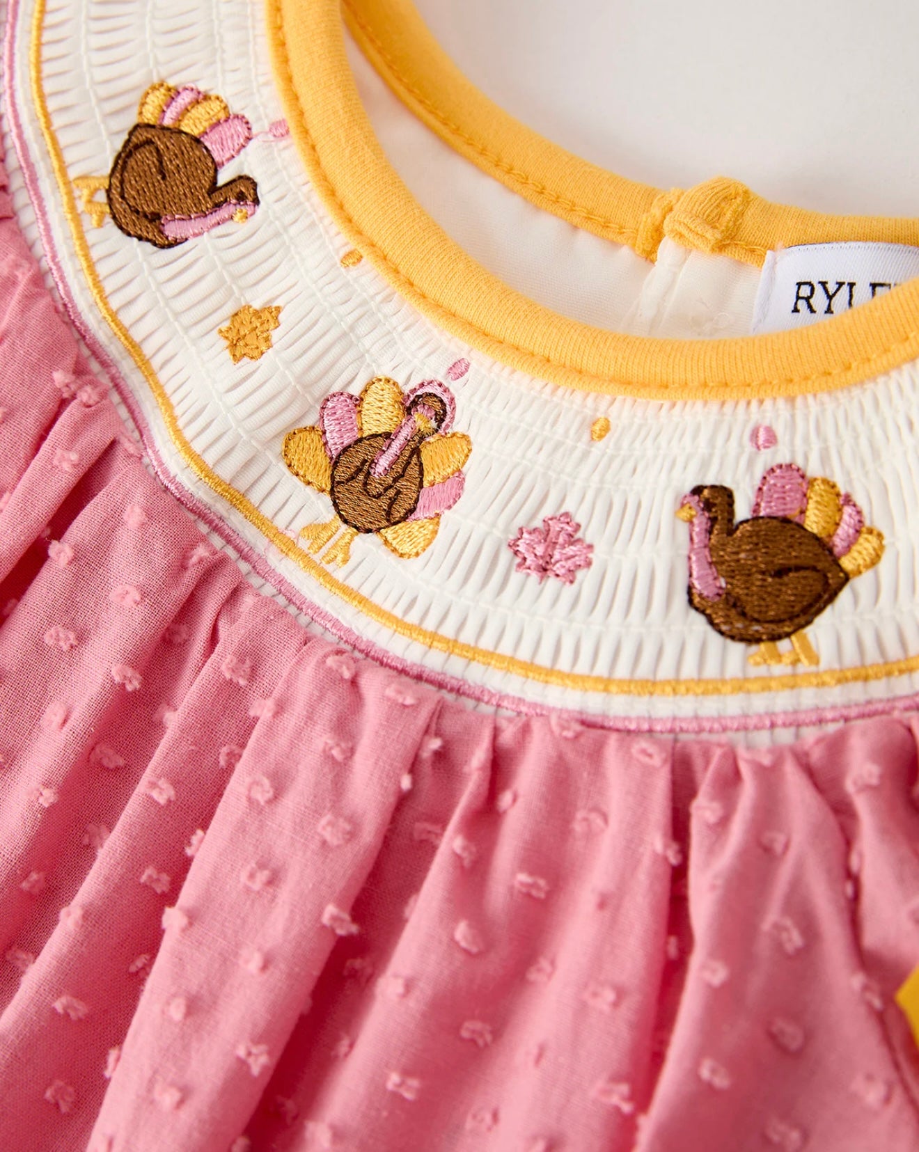 Fall Thanksgiving Turkey Leaf Embroidery Smocking Bow Baby Girl’s Romper