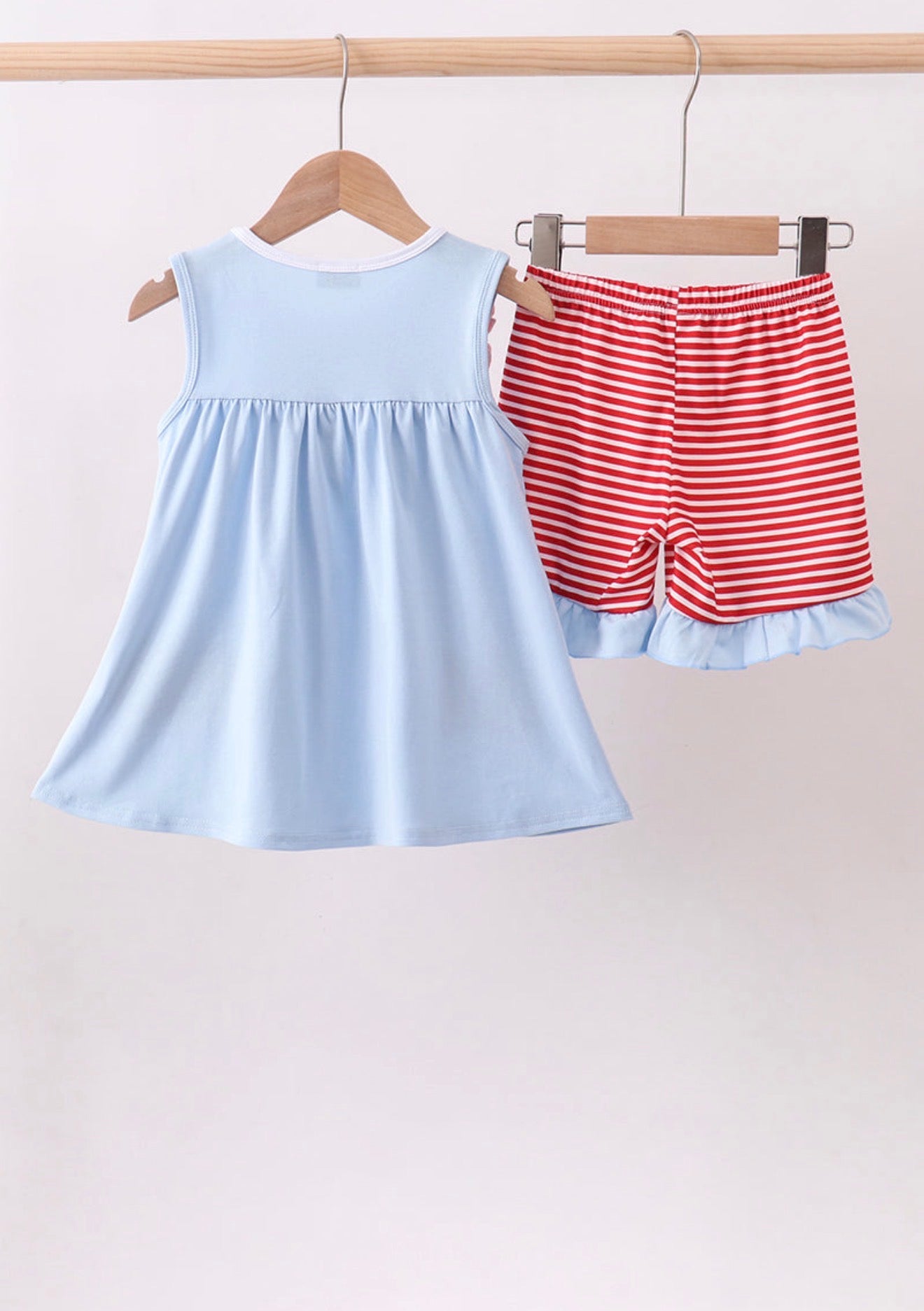 Blue God Bless America flag french knot ruffle shorts set