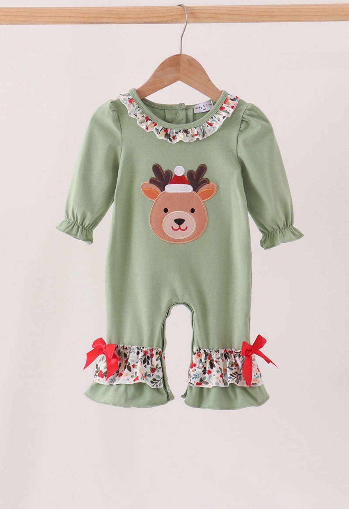 Sage Reindeer Applique Ruffle Romper