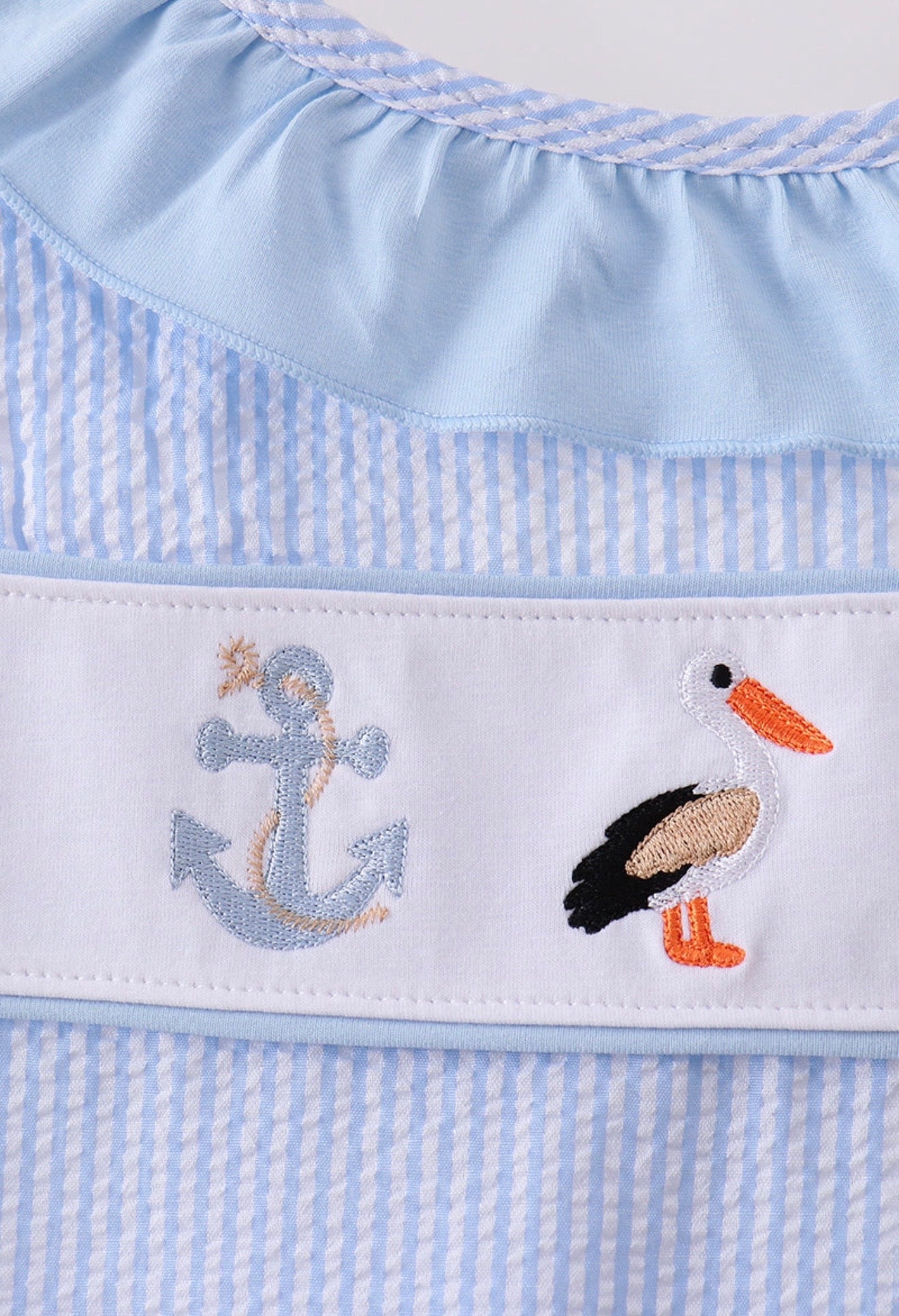 Blue nautical trio seersucker, embroidery ruffle bow dress