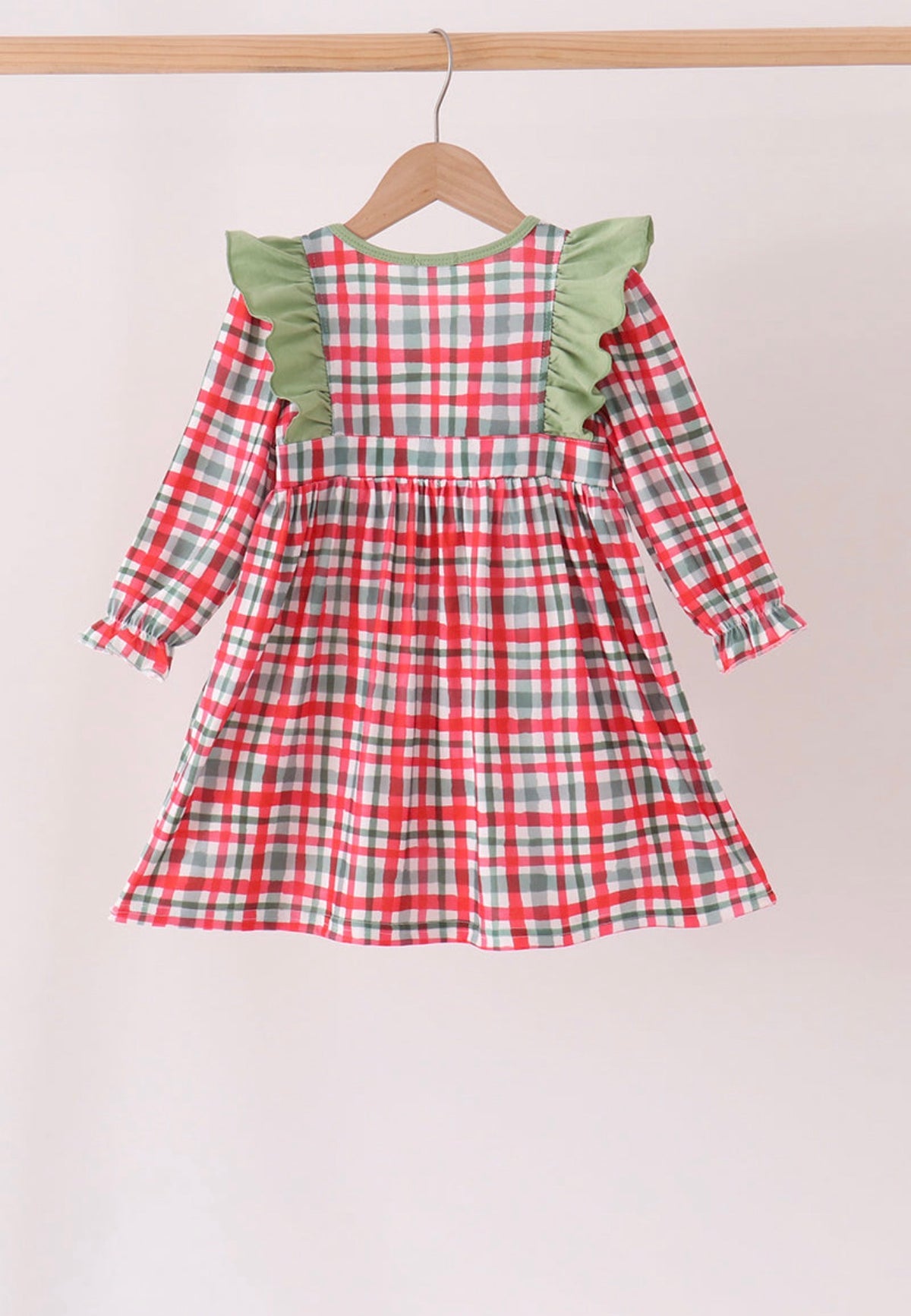 Green merry christmas embroidery plaid ruffle dress