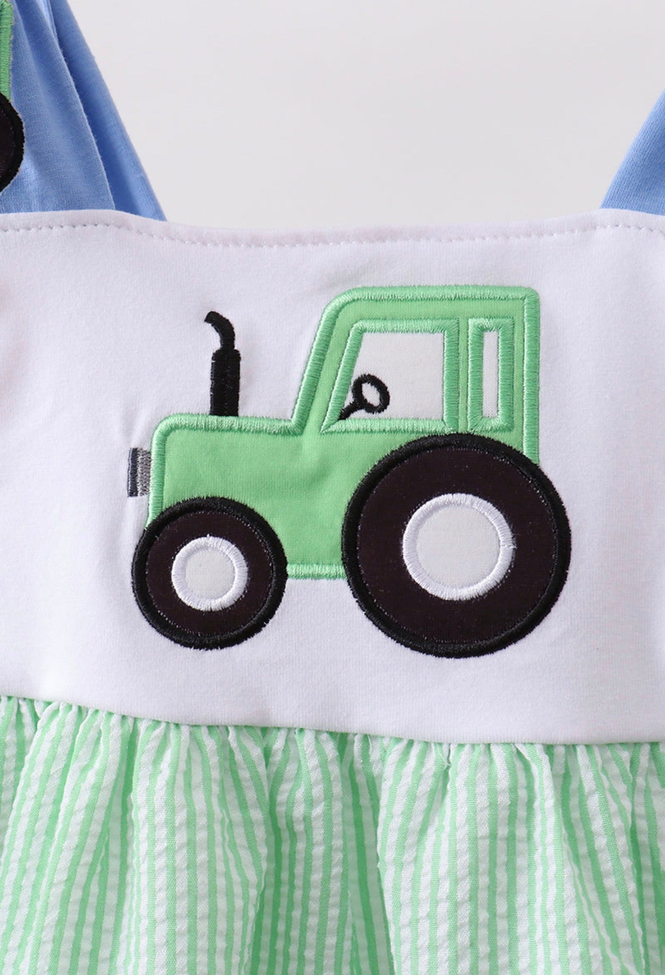 Green tractor appliqué seersucker dress