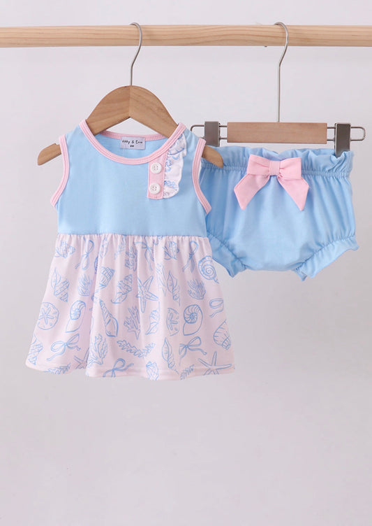 Blue shell starfish print bow bloomer set