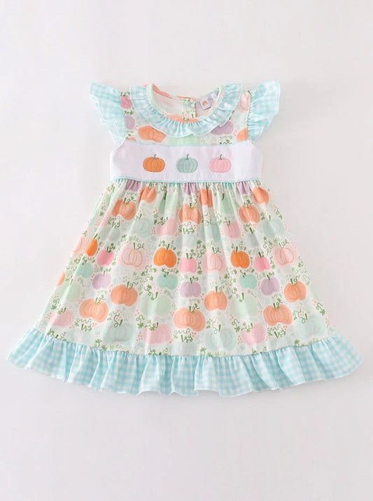 Blue pumpkin embroidery ruffle dress