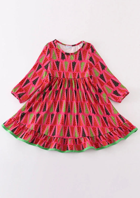 Red Christmas Tree Ruffle Dress