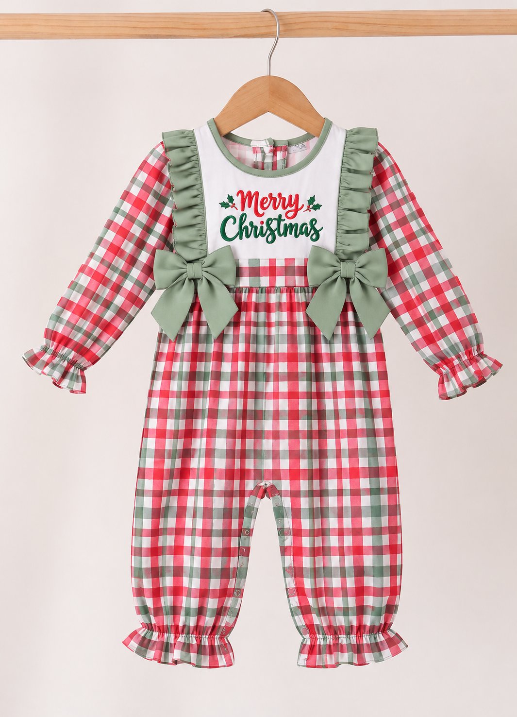 Green Merry Christmas embroidery plaid ruffle romper
