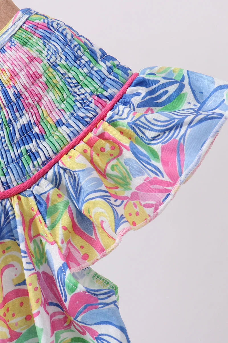 Tropical floral smocked ruffle dress