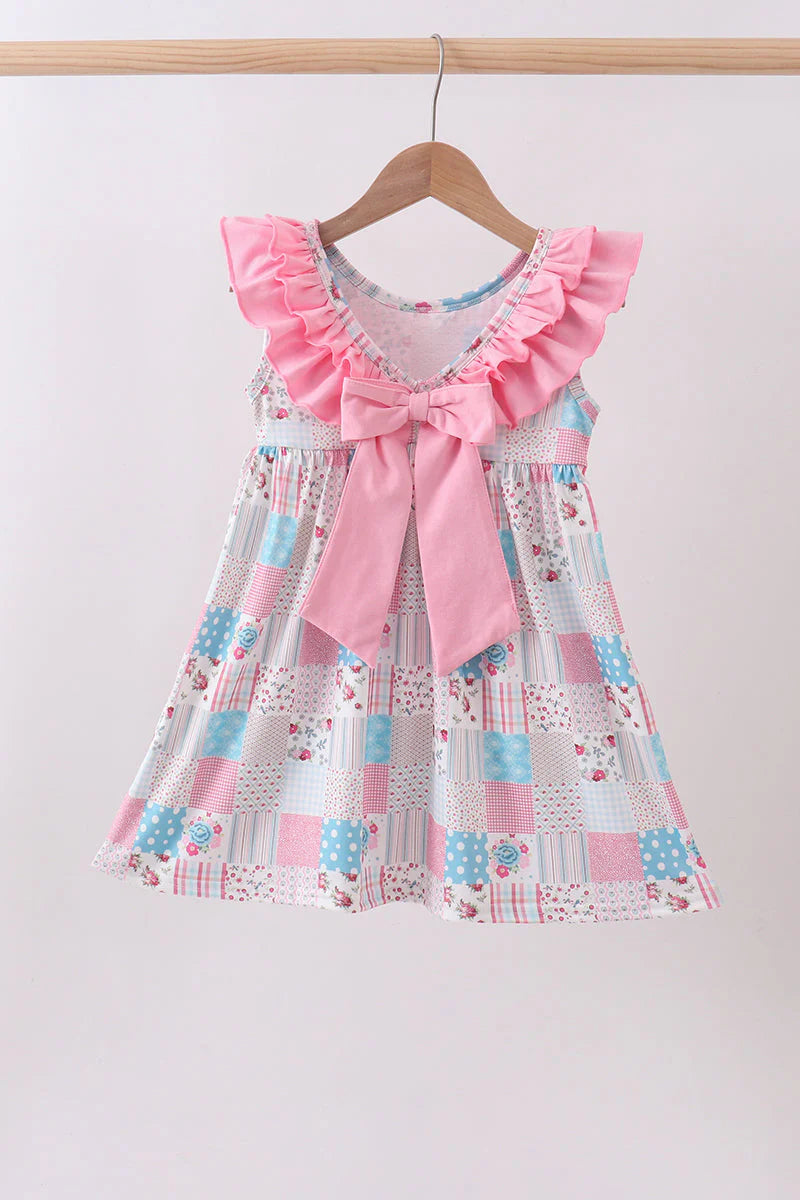 Pink patchwork floral ruffle dress