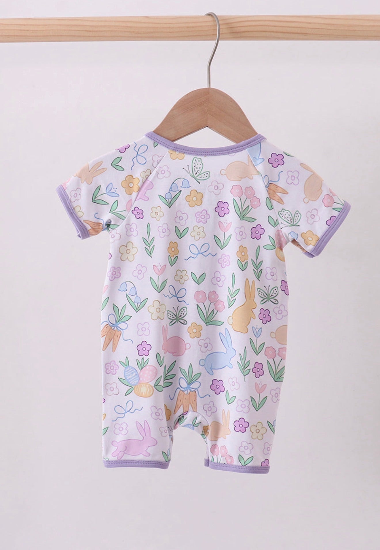 Purple floral print bamboo girl’s romper