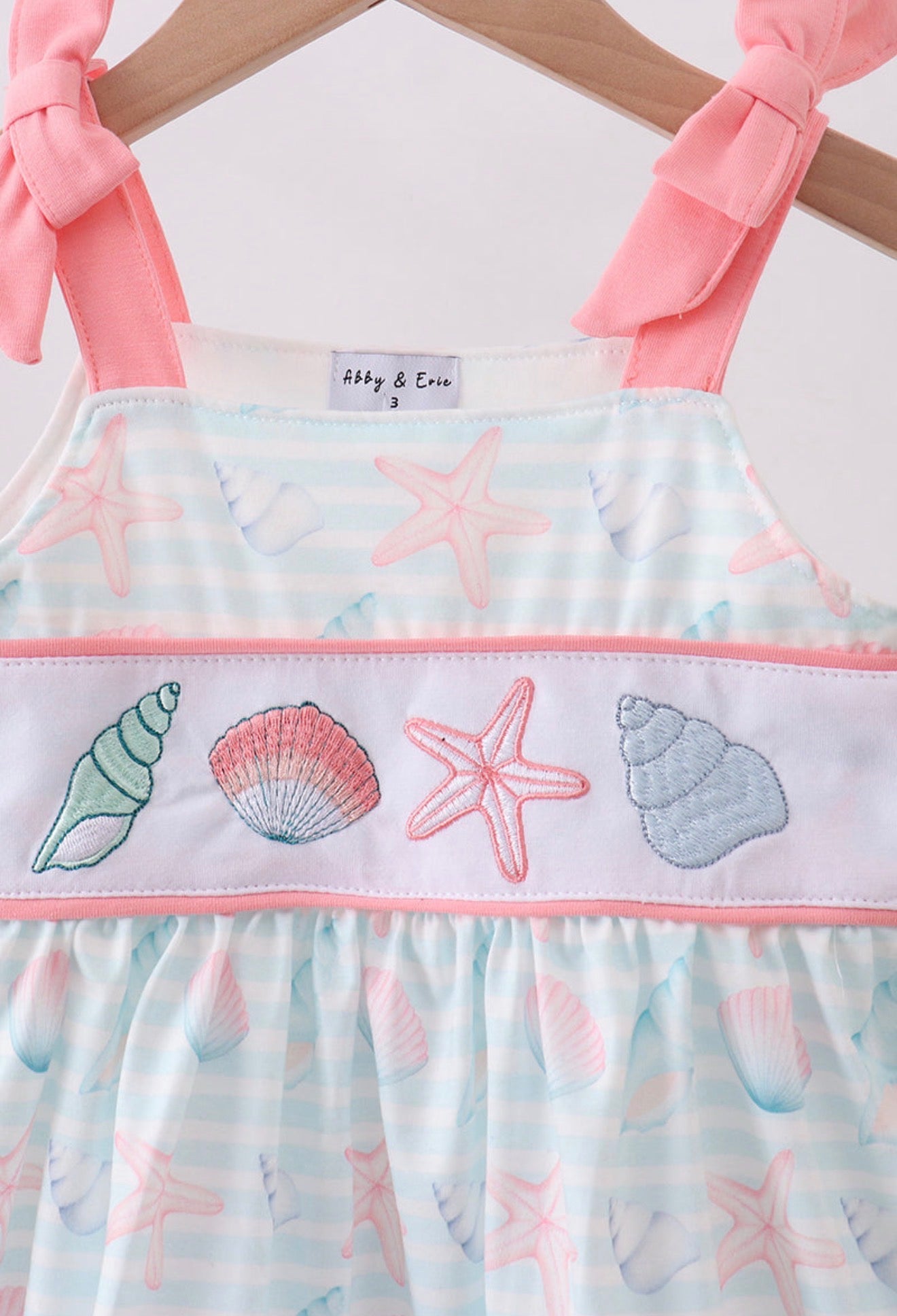 Pink shell starfish embroidery bow ruffle dress