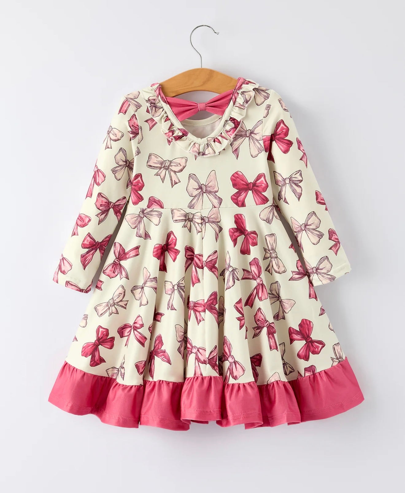 Girls Long Sleeve Dress with Pink Bow Print and Ruffle Hem