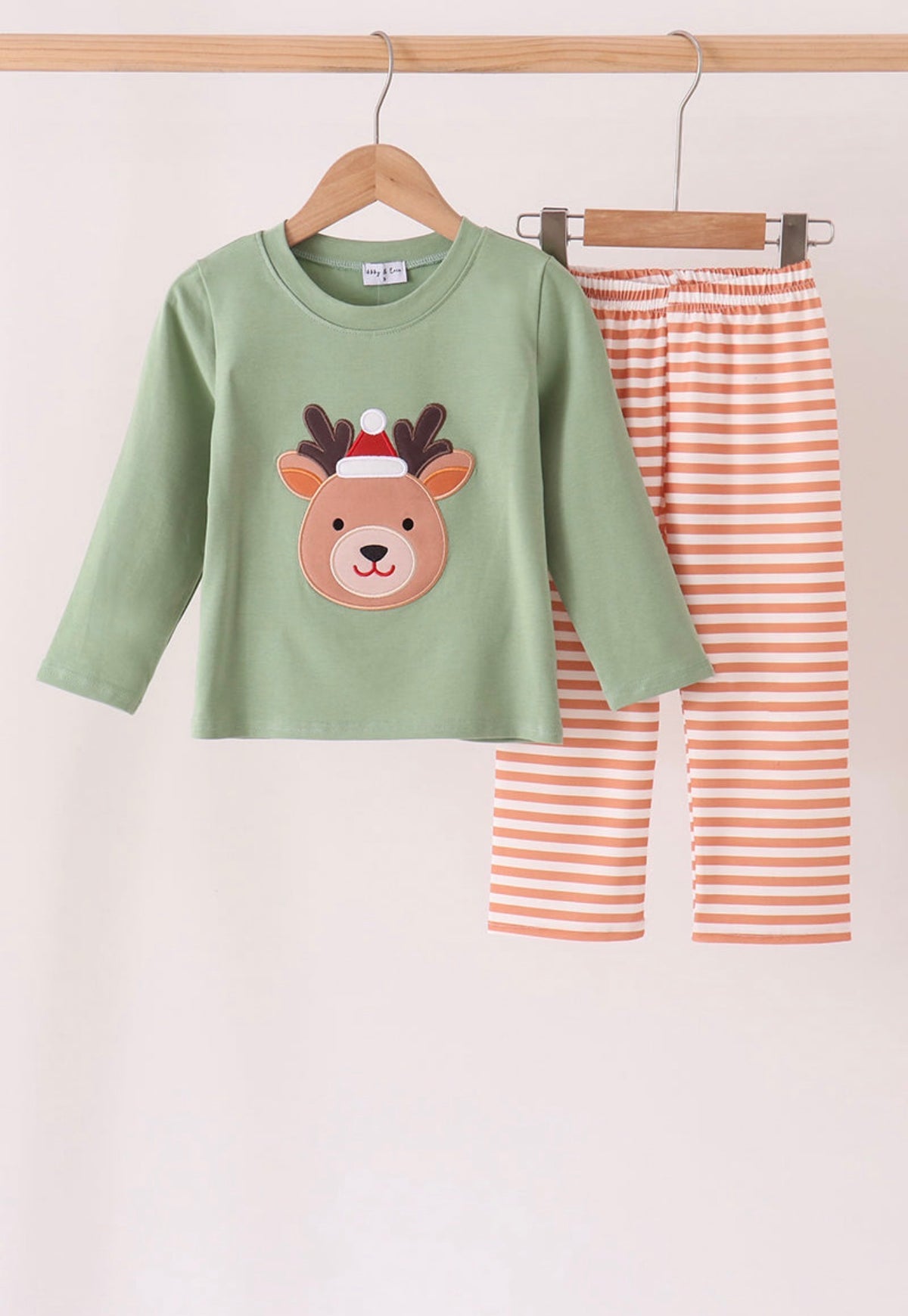 Sage Reindeer Applique Stripe Pants Set