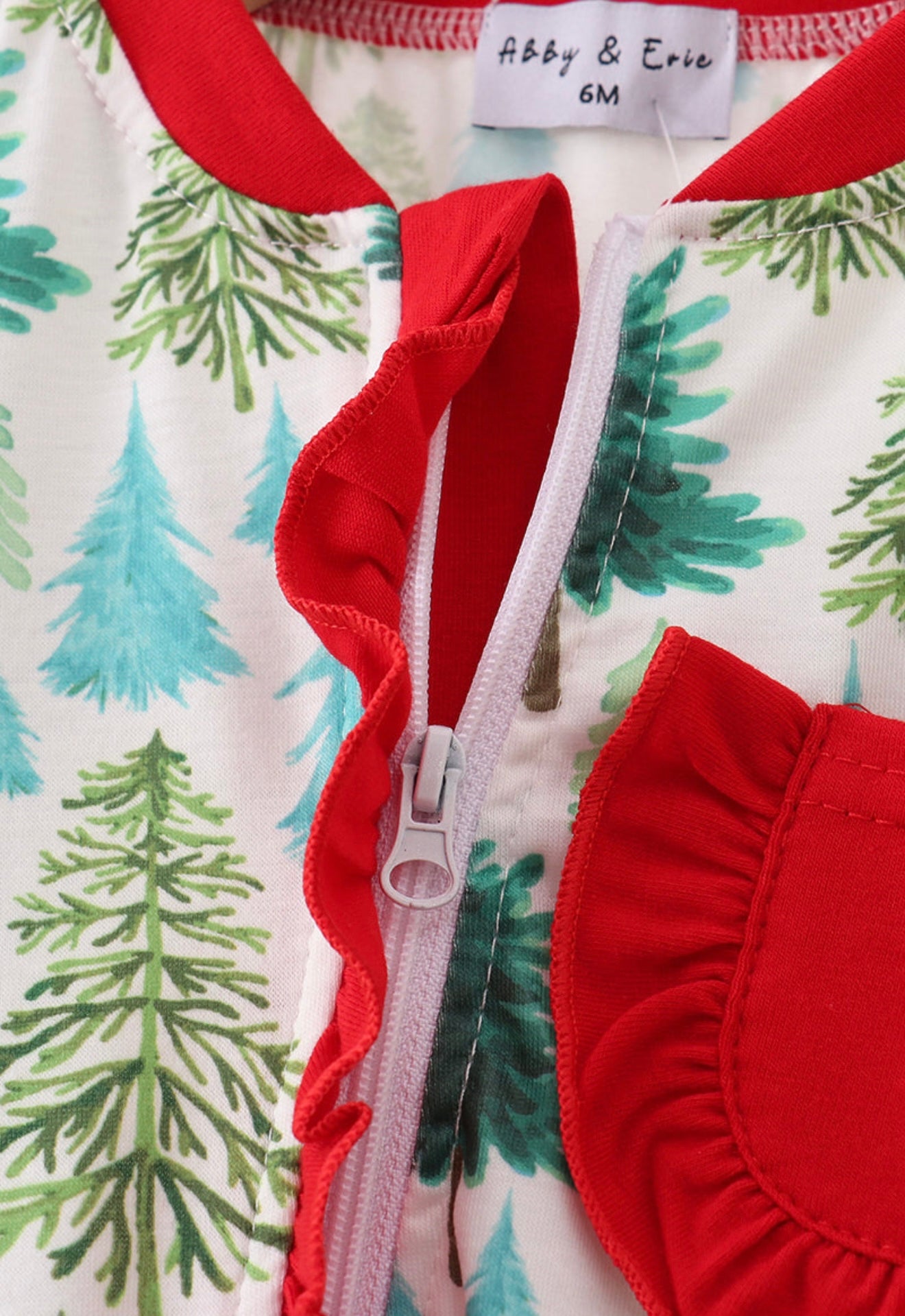 Green Christmas Tree Print Ruffle Girl Romper