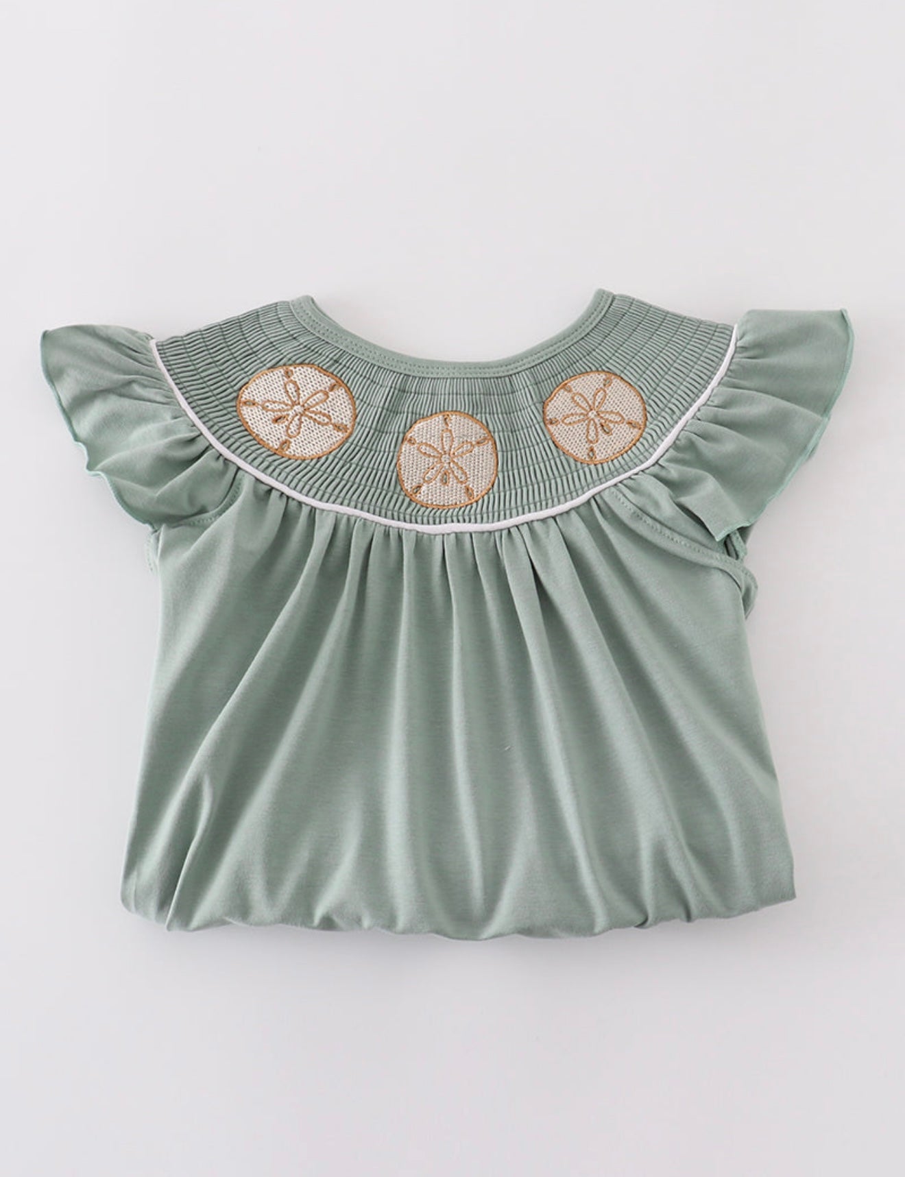 Sage sand dollar embroidery smocked ruffle shorts set