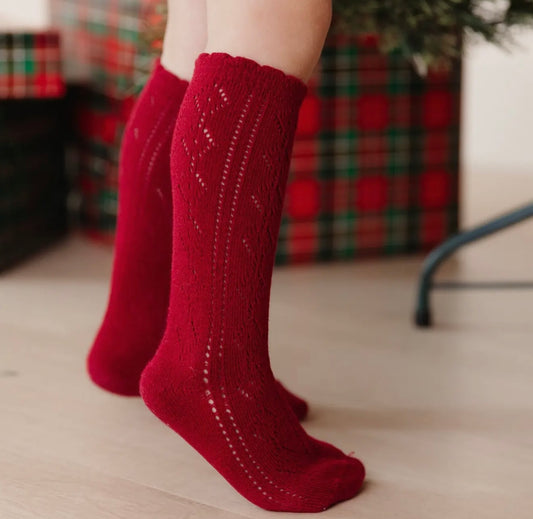 Scalloped Fancy Knee High Socks - Crimson