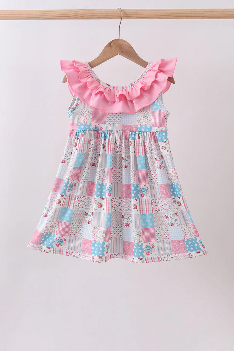 Pink patchwork floral ruffle dress