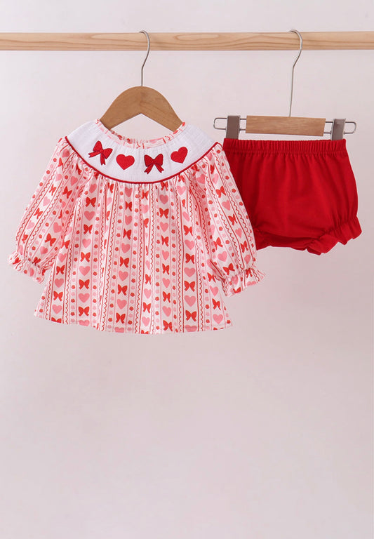 Red heart bow smocked bloomer set