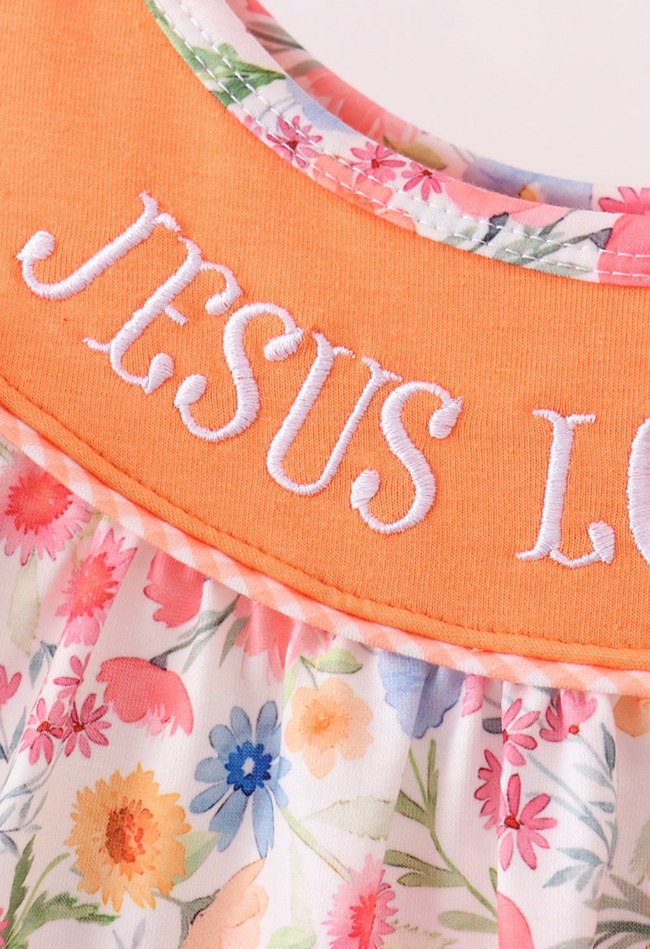 Coral Jesus Loves Me embroidered floral ruffle dress