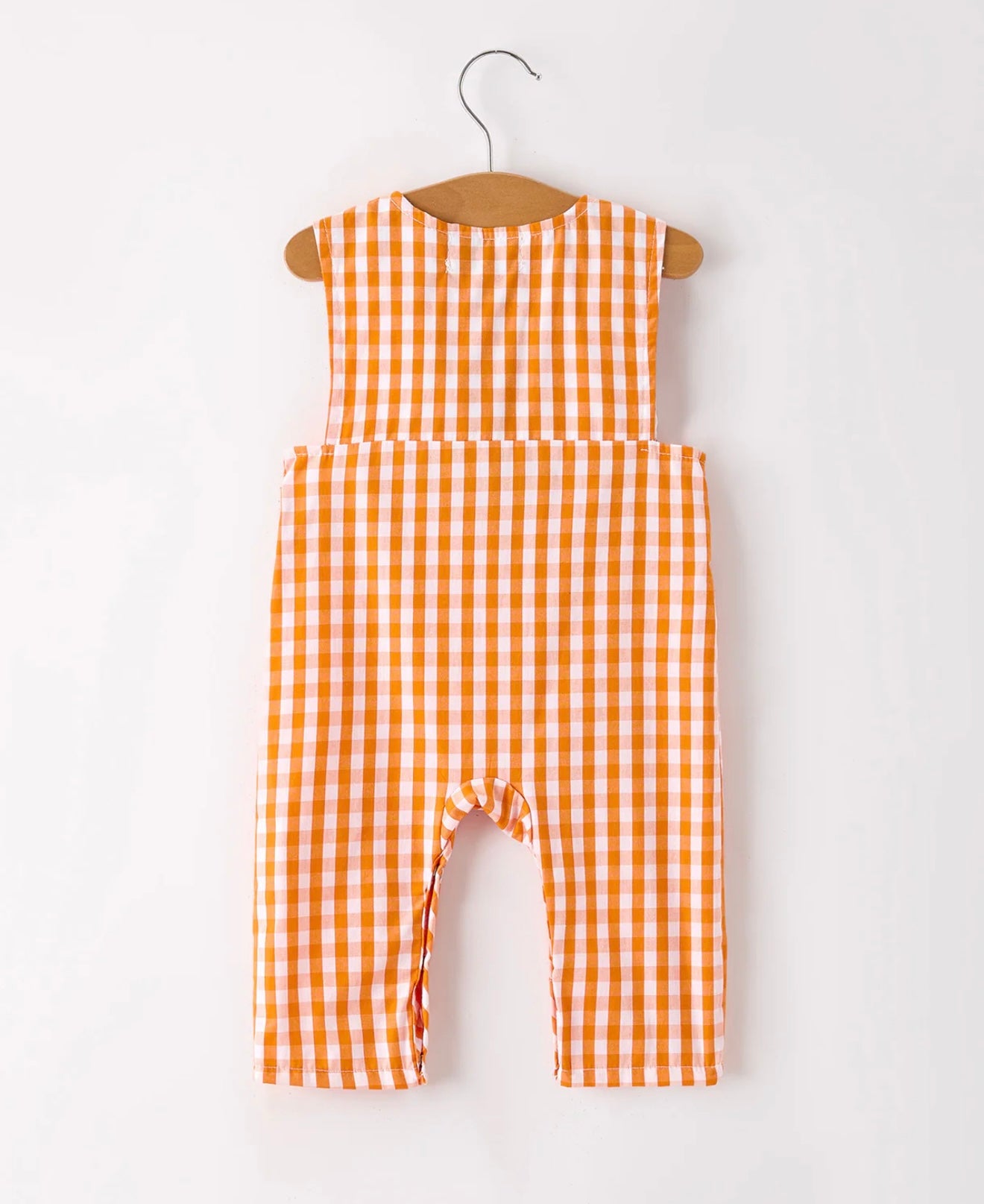 Fall Turkey Embroidered Romper for Baby Boys – Orange Checkered with Thanksgiving Details