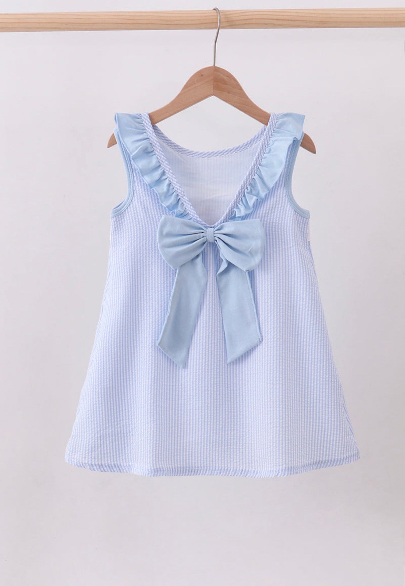 Blue nautical trio seersucker, embroidery ruffle bow dress