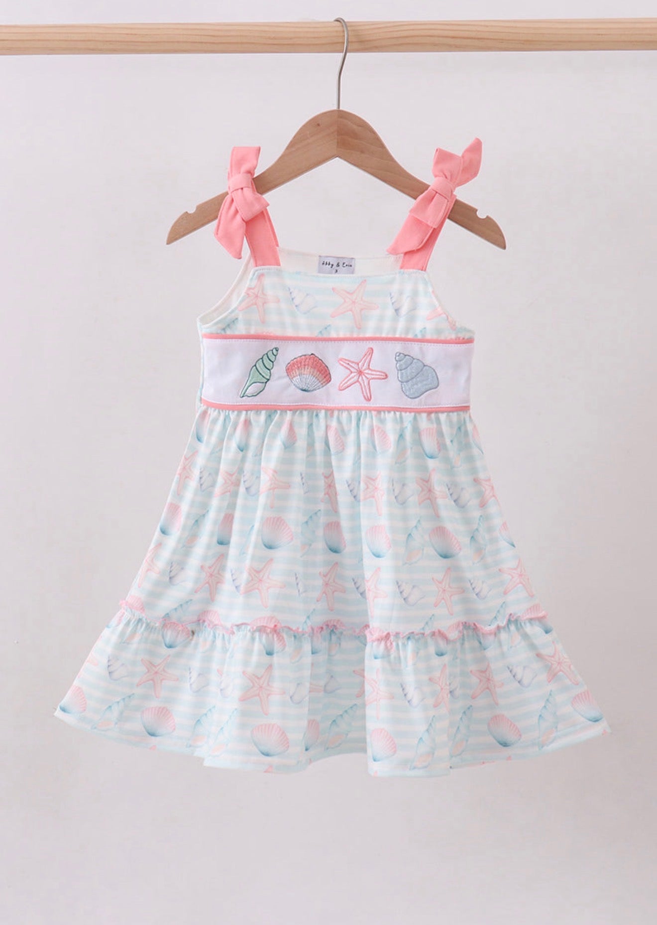 Pink shell starfish embroidery bow ruffle dress