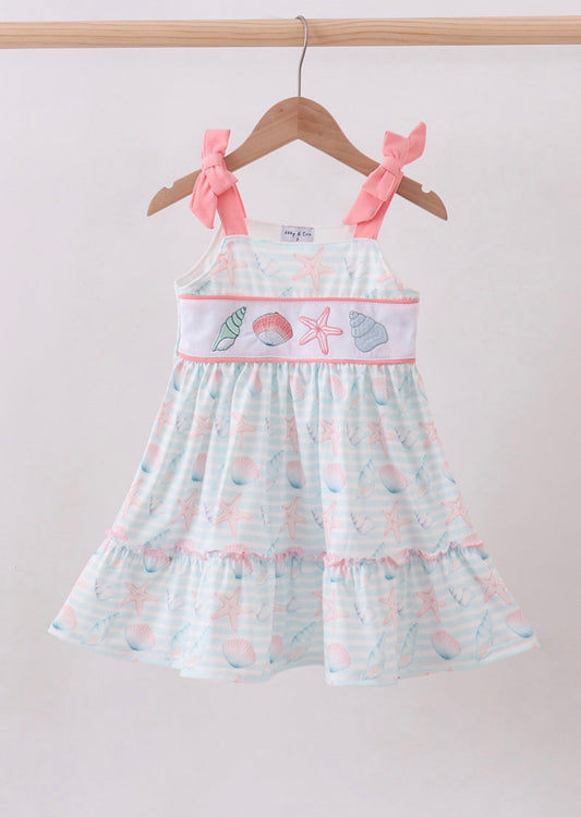 Pink shell starfish embroidery bow ruffle dress