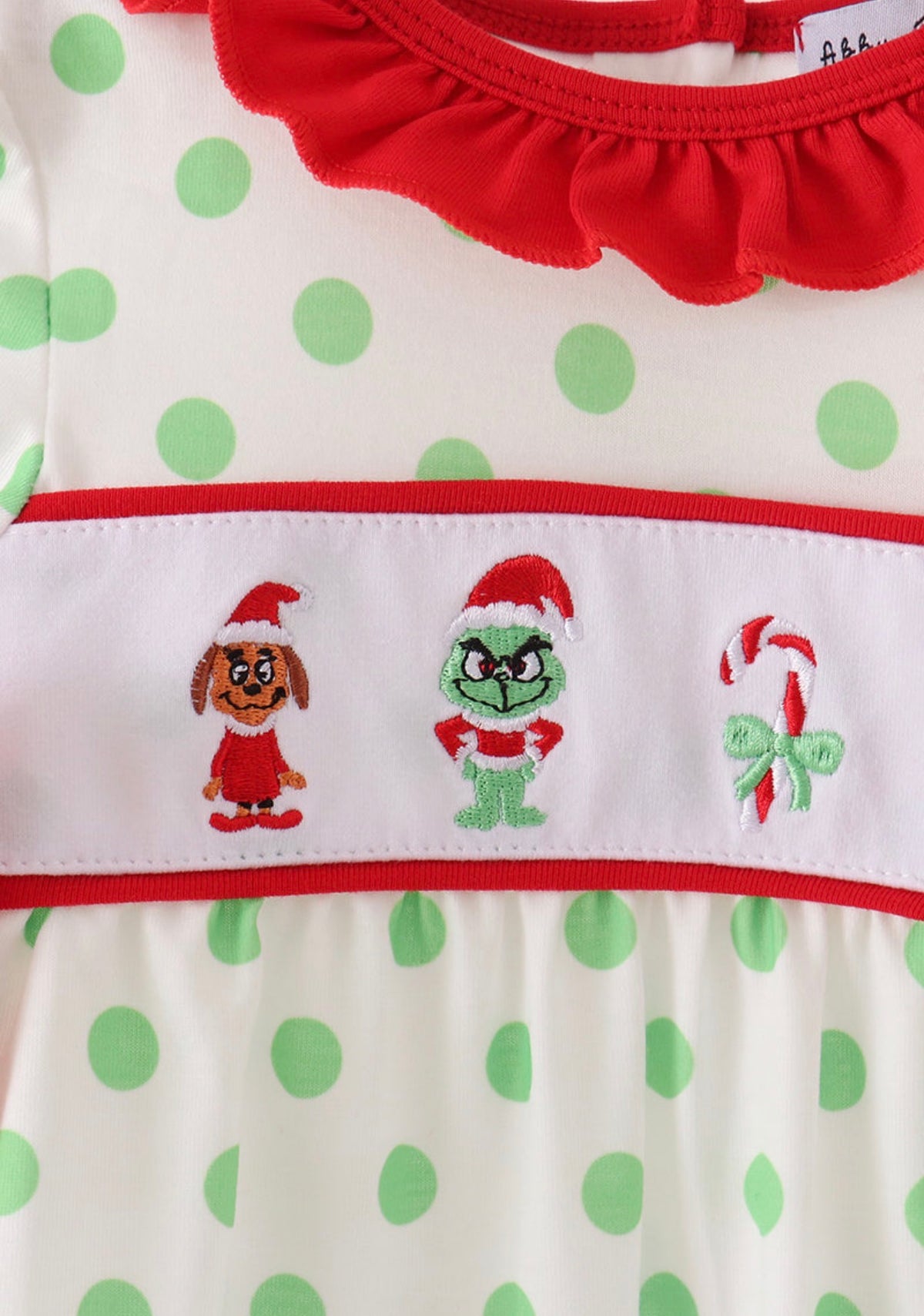 Green grinch embroidery ruffle dot romper