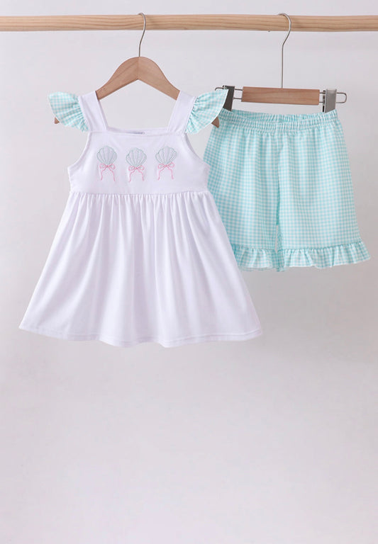 Blue seashell embroidery ruffle shorts set