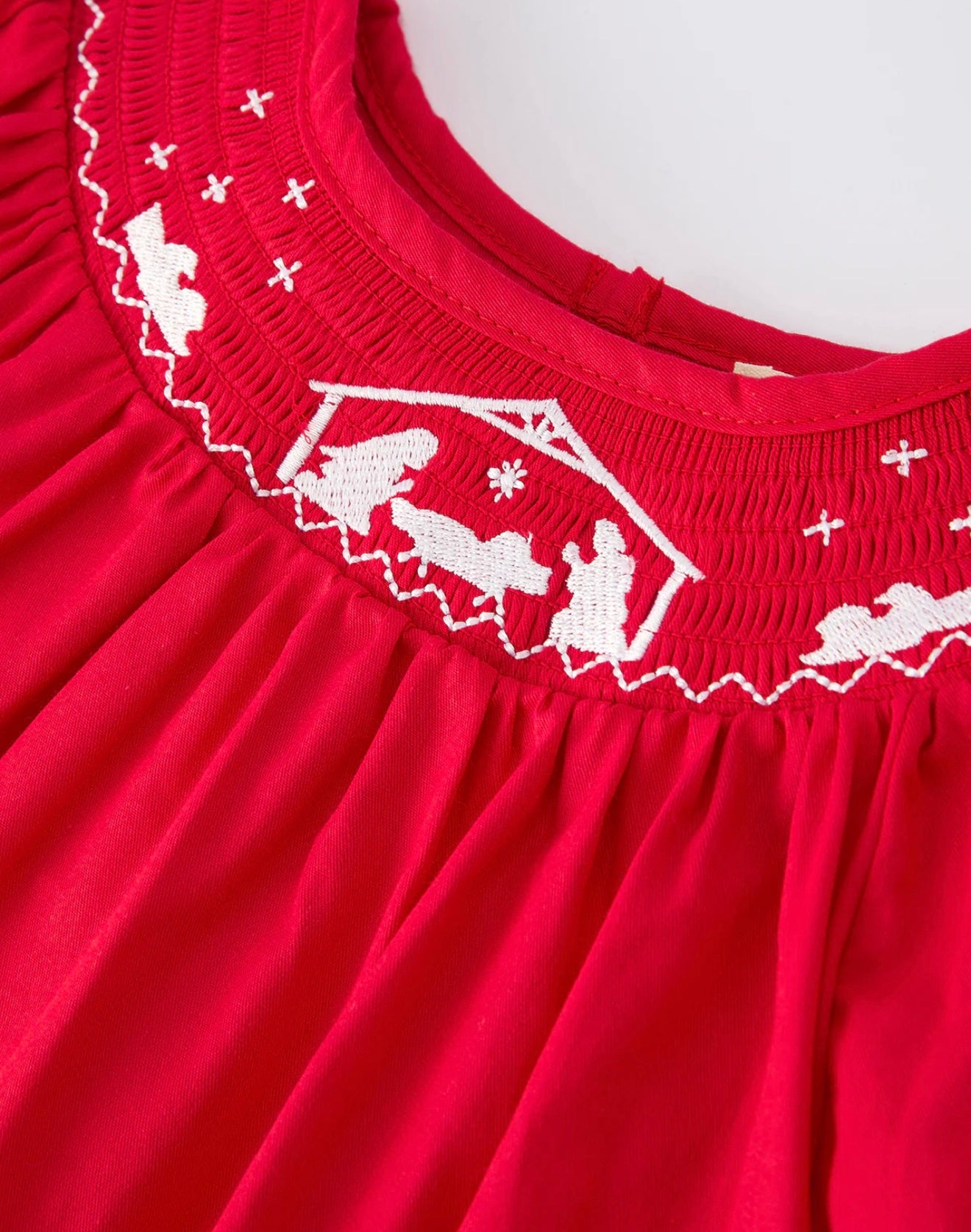 Red Christmas Girls Dress: Nativity Embroidery
