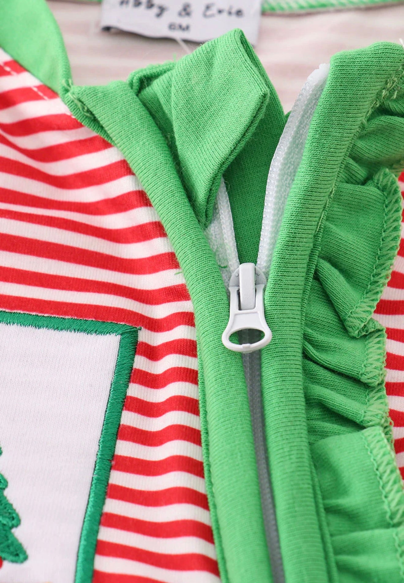 Red Stripe Christmas Tree, Ruffle Girl Romper ￼