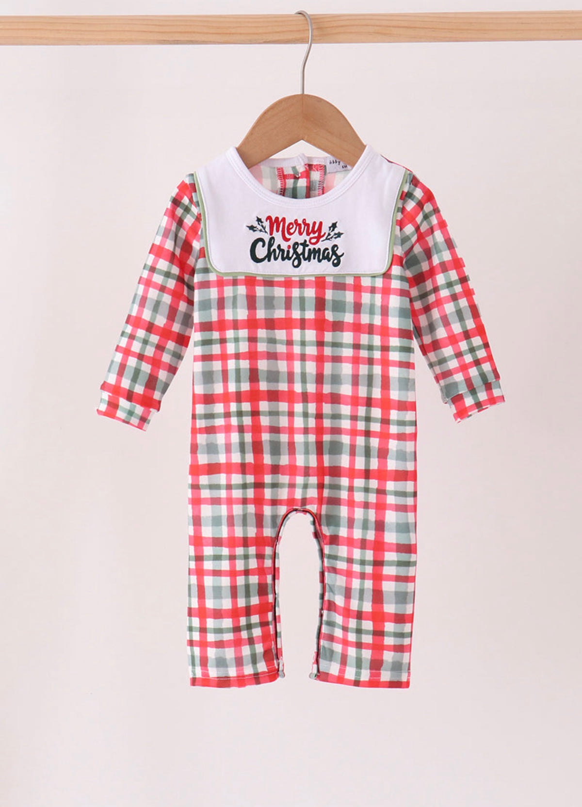 Green merry christmas embroidery plaid romper