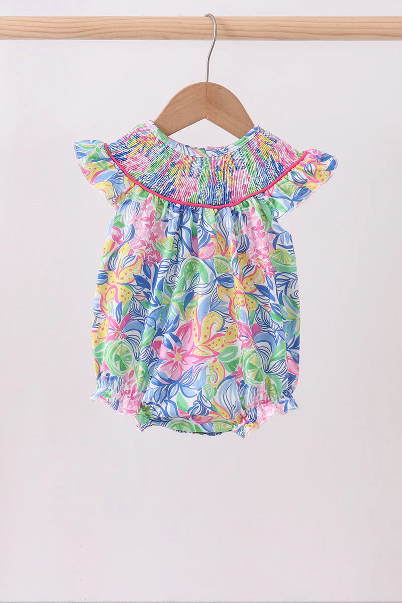 Tropical floral smocked ruffle bubble