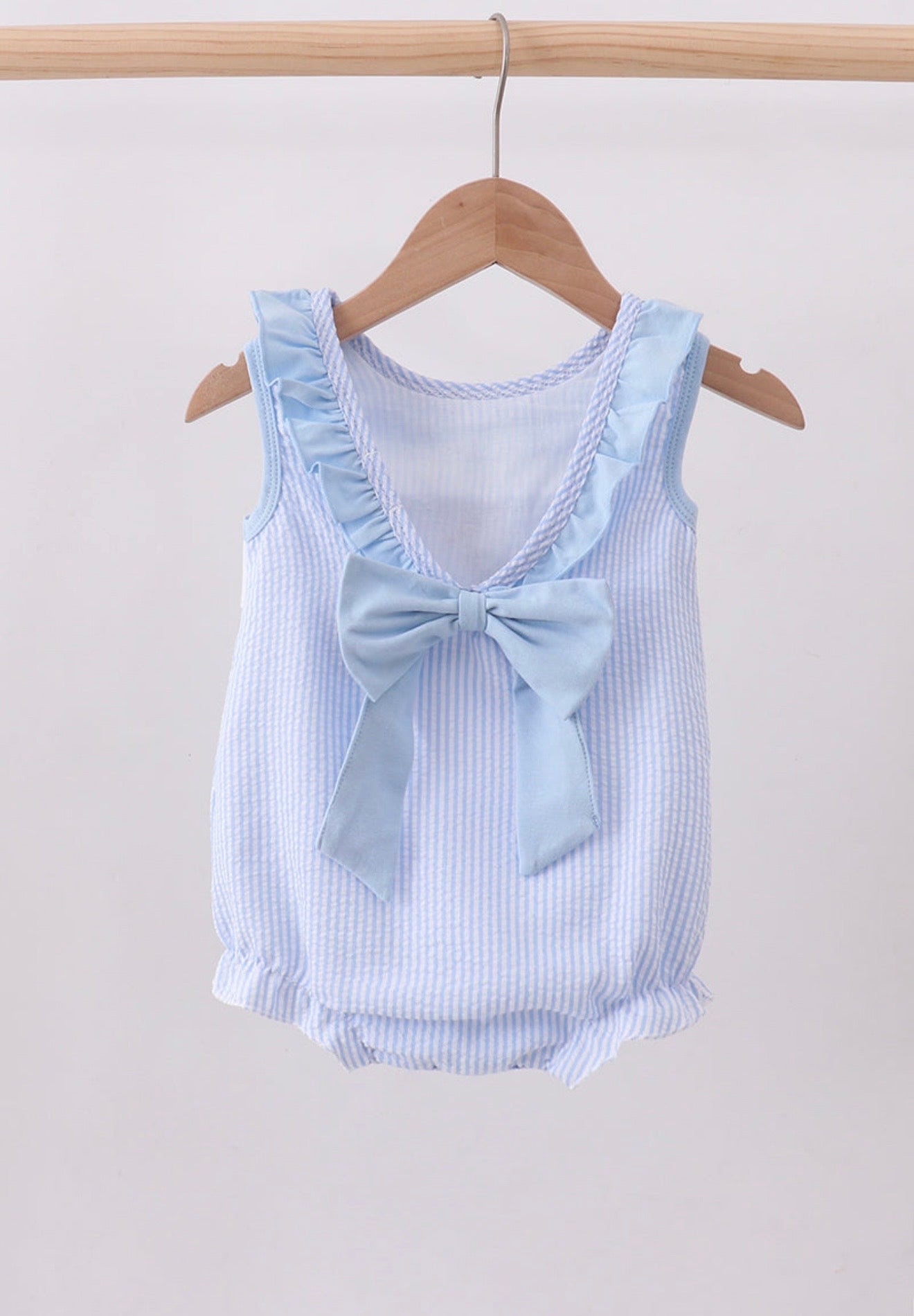 Blue nautical trio seersucker, embroidery ruffle bow bubble