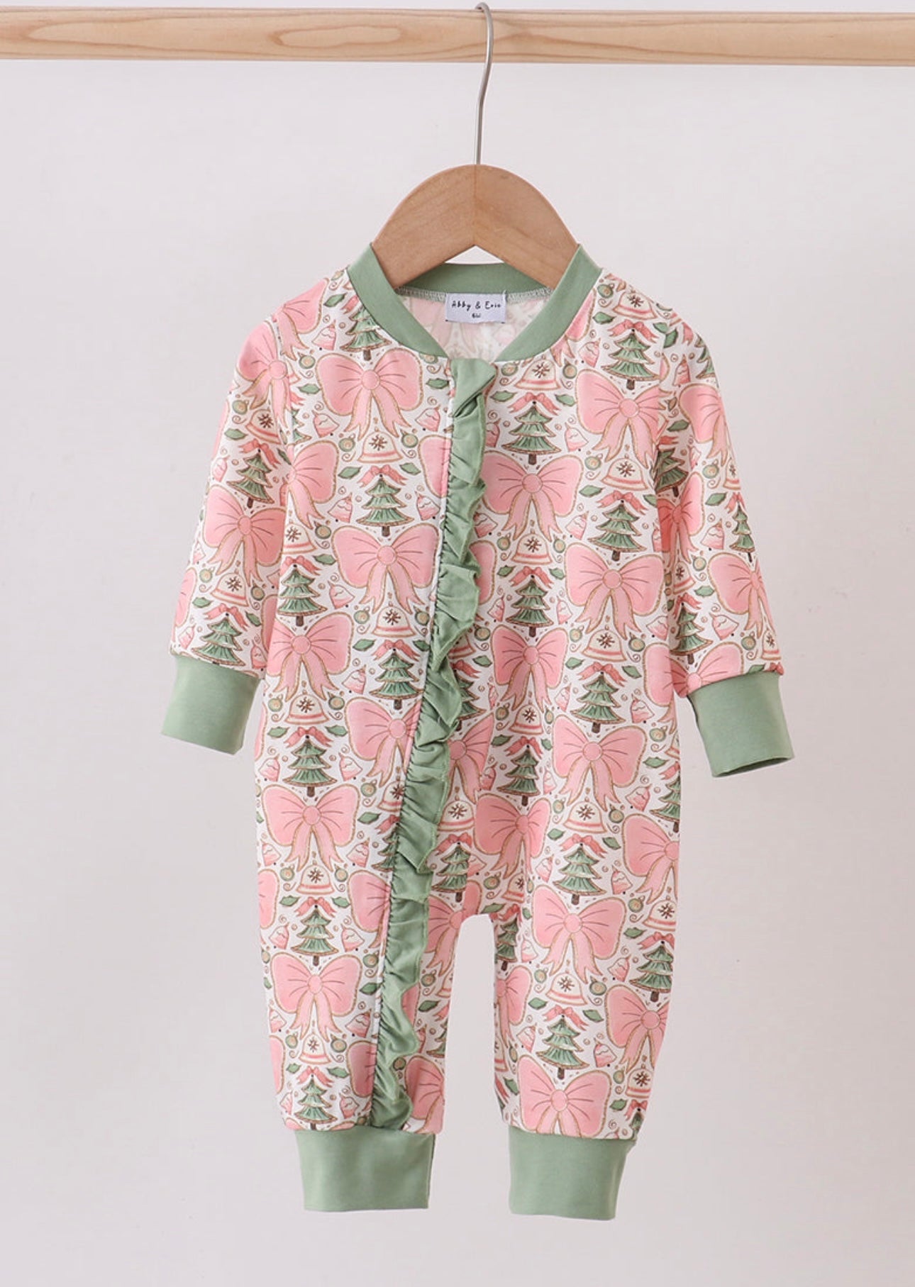 Green Christmas tree “Mama’s Girl” embroidery zipper romper