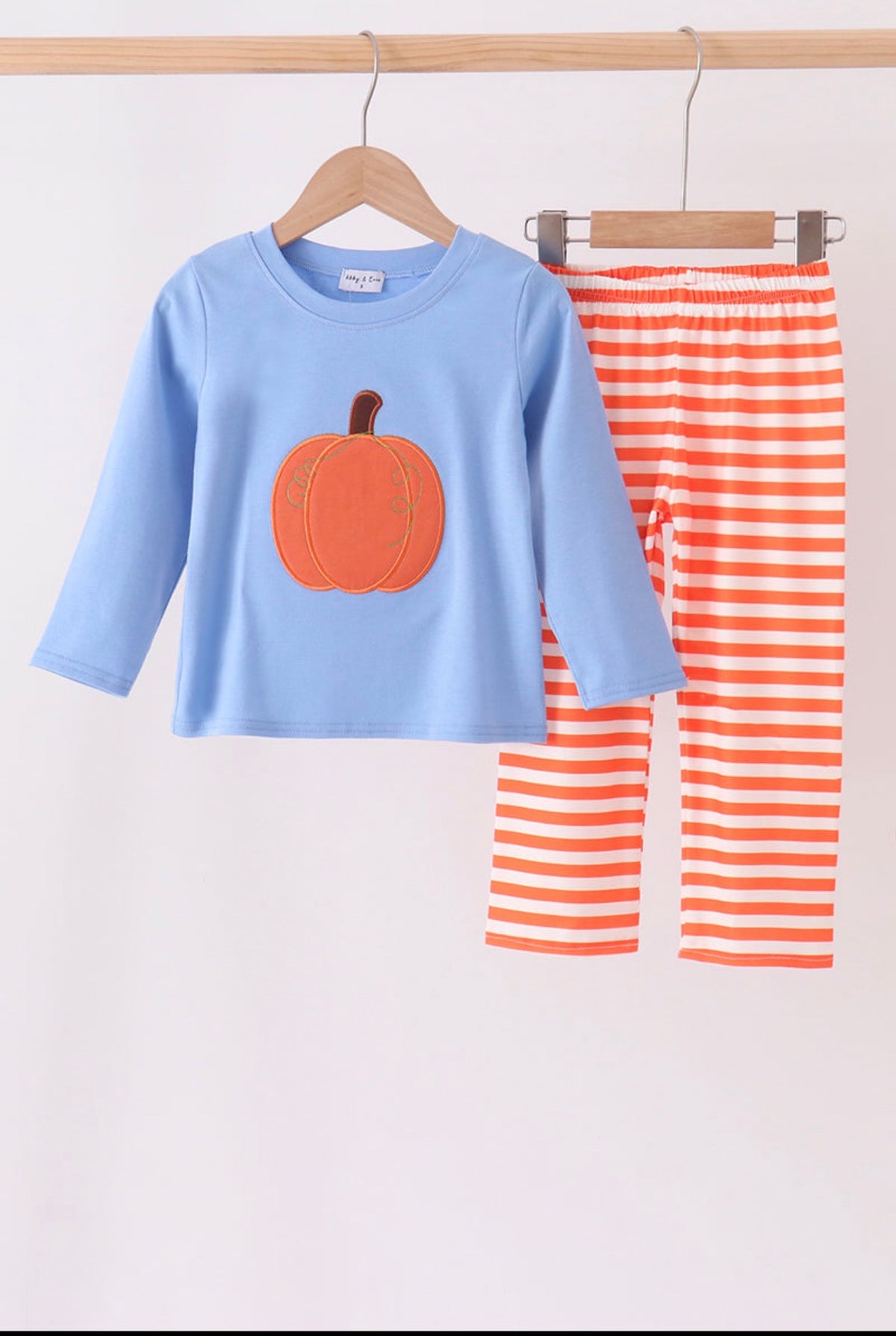 Blue pumpkin applique stripe pants set