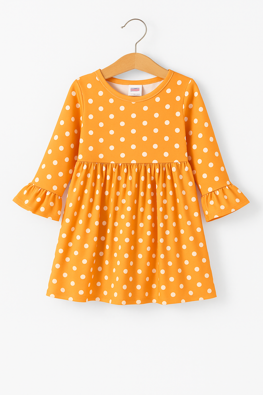 Thanksgiving Day Fall Girl’s Orange Polka Dot Long Sleeve Dress