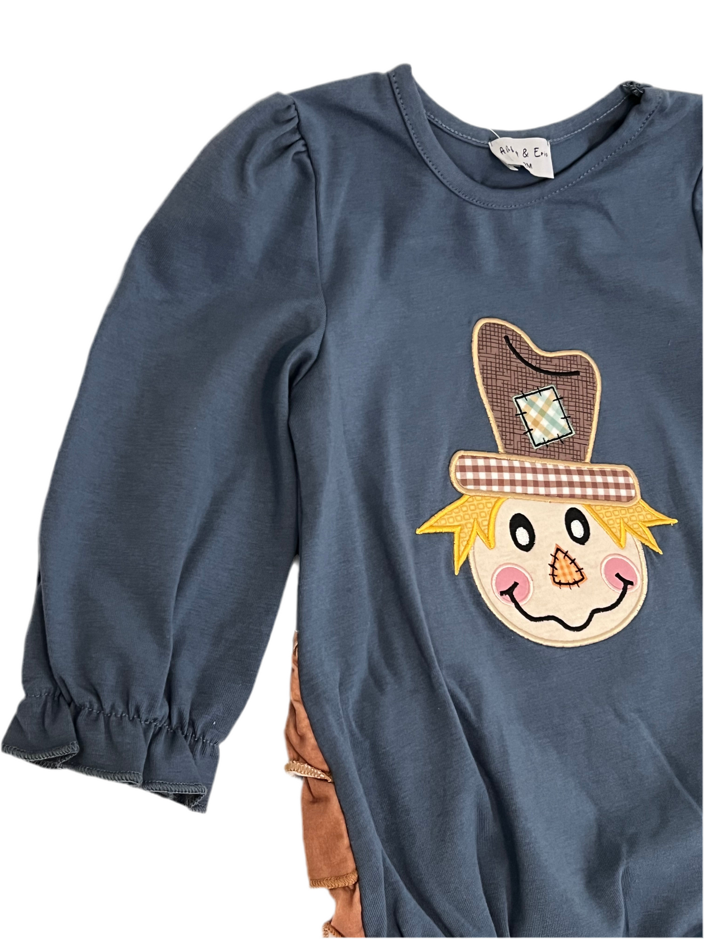 Navy scarecrow appliqué girl ruffle bubble