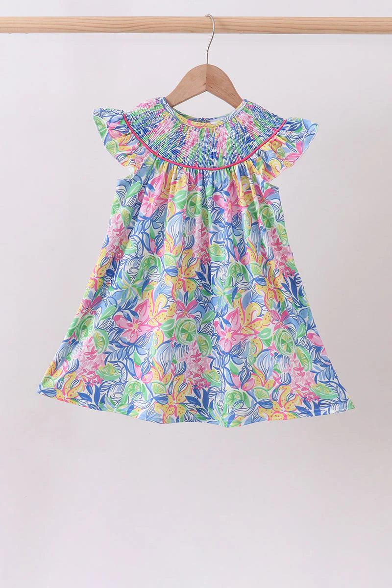 Tropical floral smocked ruffle dress