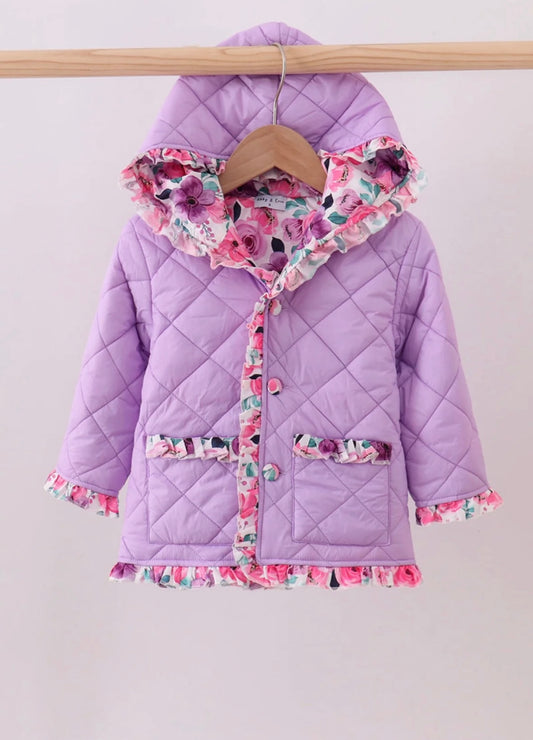 Girl’s purple floral ruffle quilted jacket