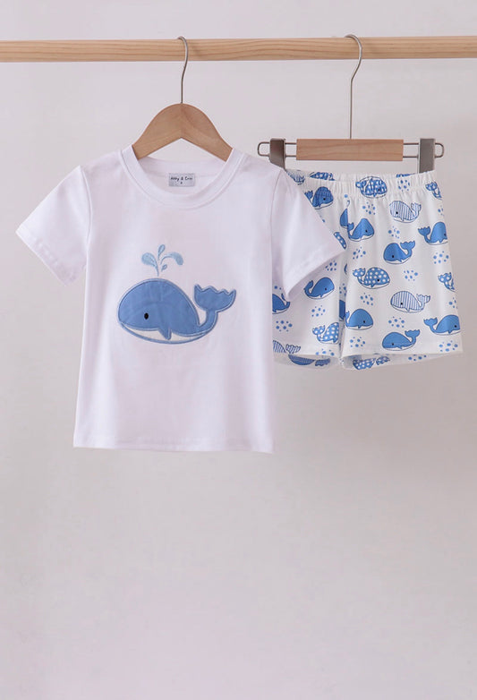 Blue whale appliqué shorts set