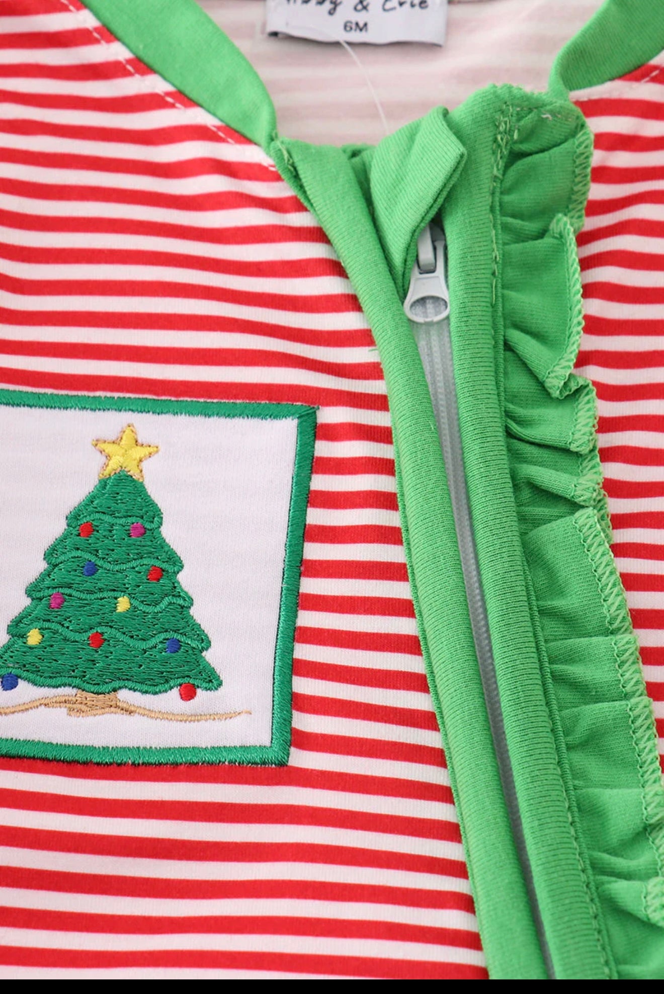 Red Stripe Christmas Tree, Ruffle Girl Romper ￼