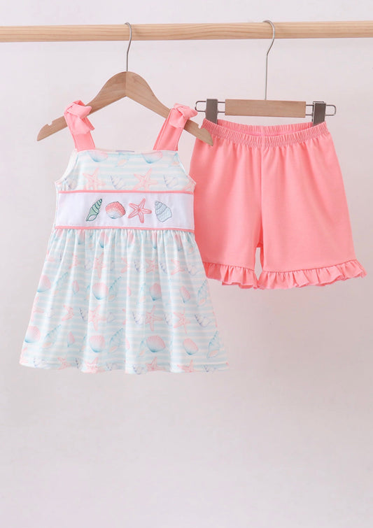 Pink shell starfish embroidery ruffle shorts set