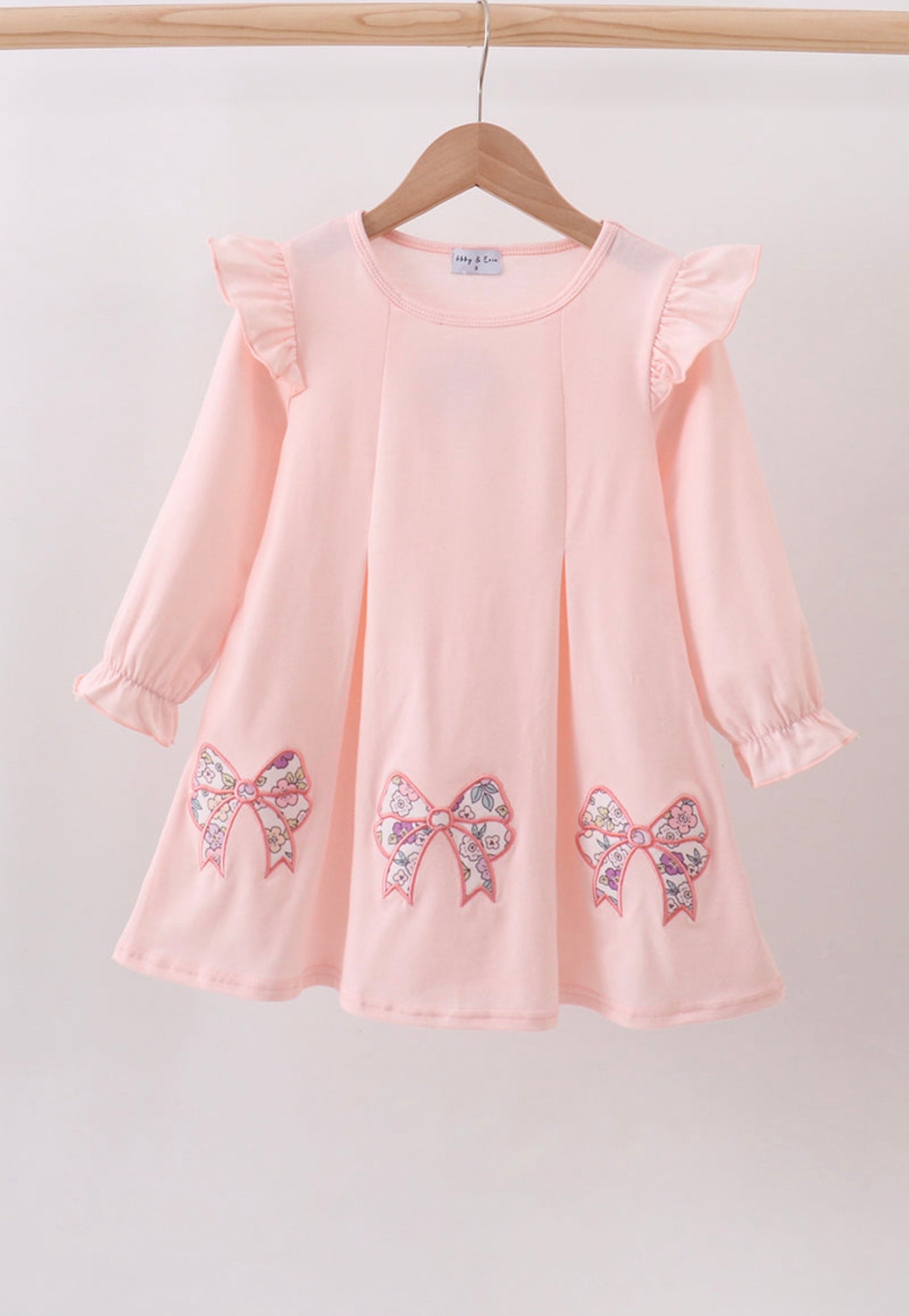 Pink floral bow appliqué ruffle dress