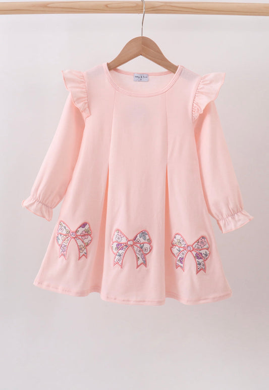 Pink floral bow appliqué ruffle dress