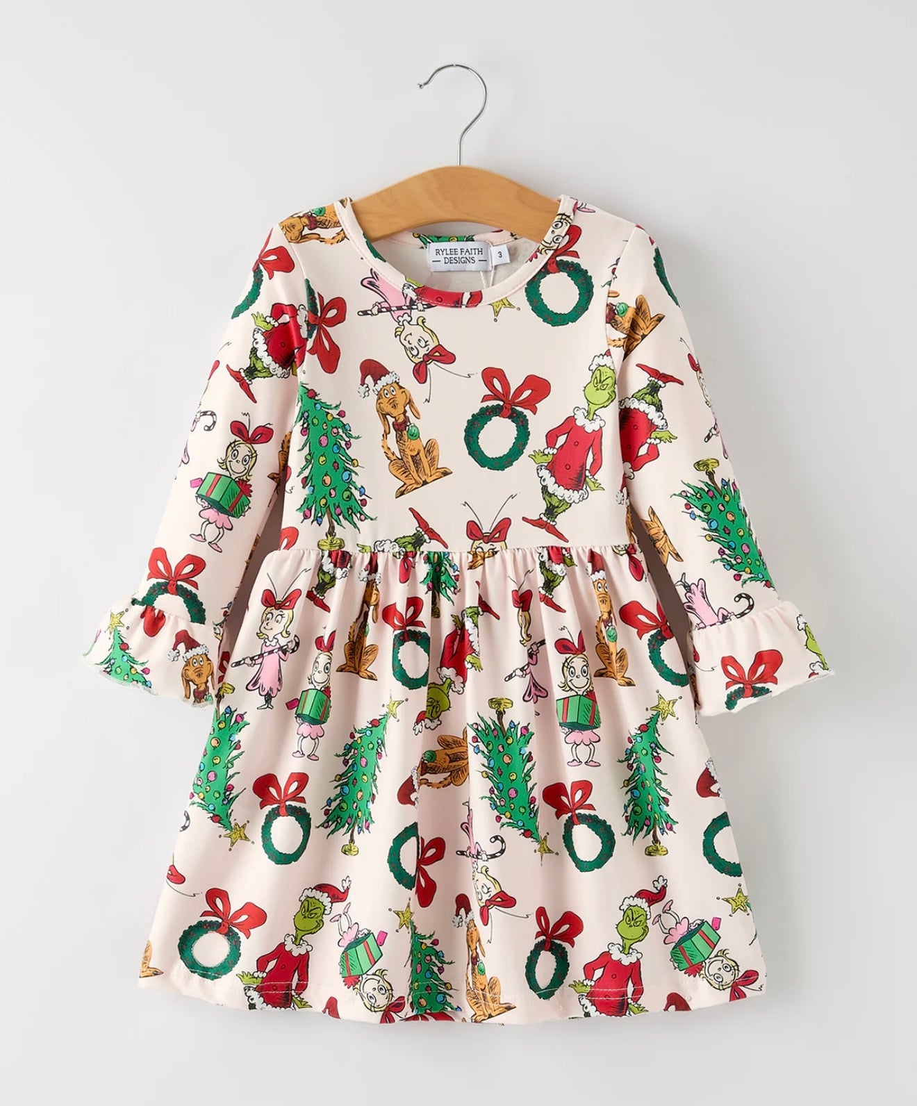 Christmas Character Print Girls Dress with Ruffle Sleeves