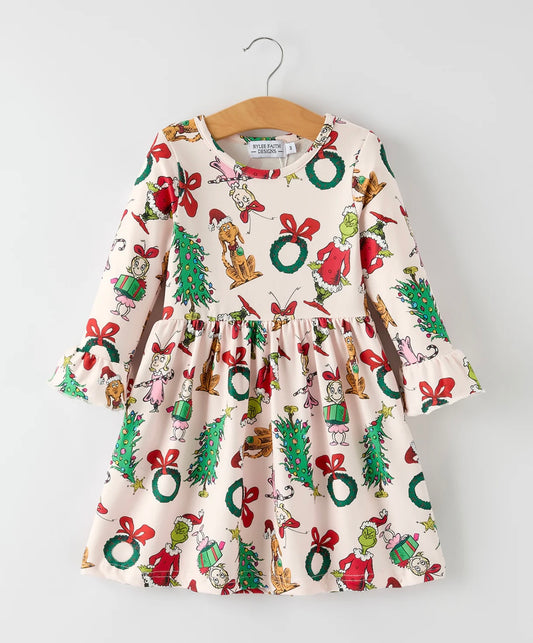 Christmas Character Print Girls Dress with Ruffle Sleeves