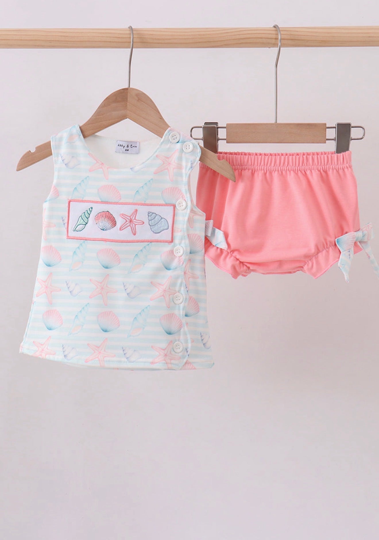 Pink shell starfish embroidery bow bloomer set