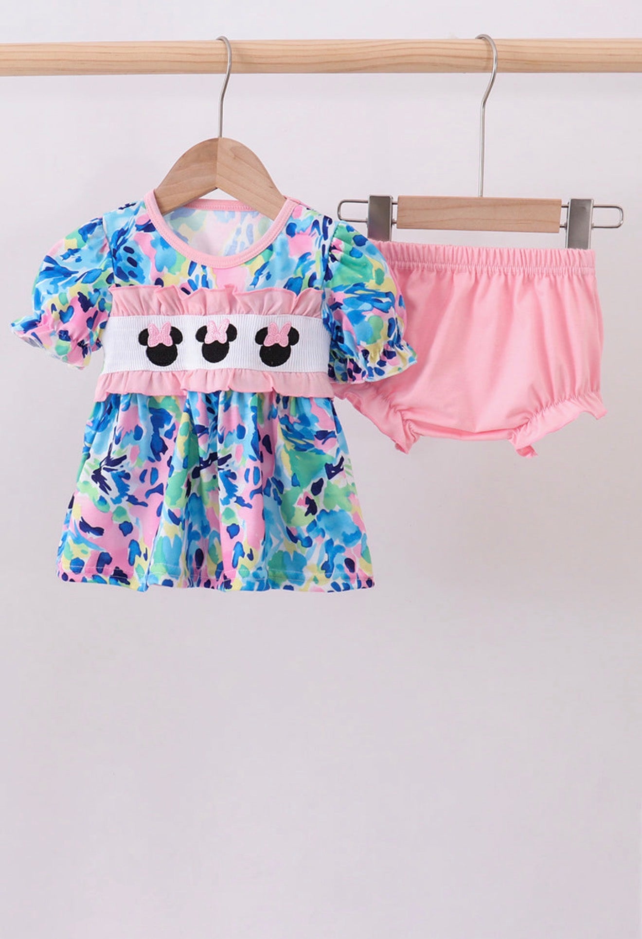 Pink character smocked ruffle bloomer set