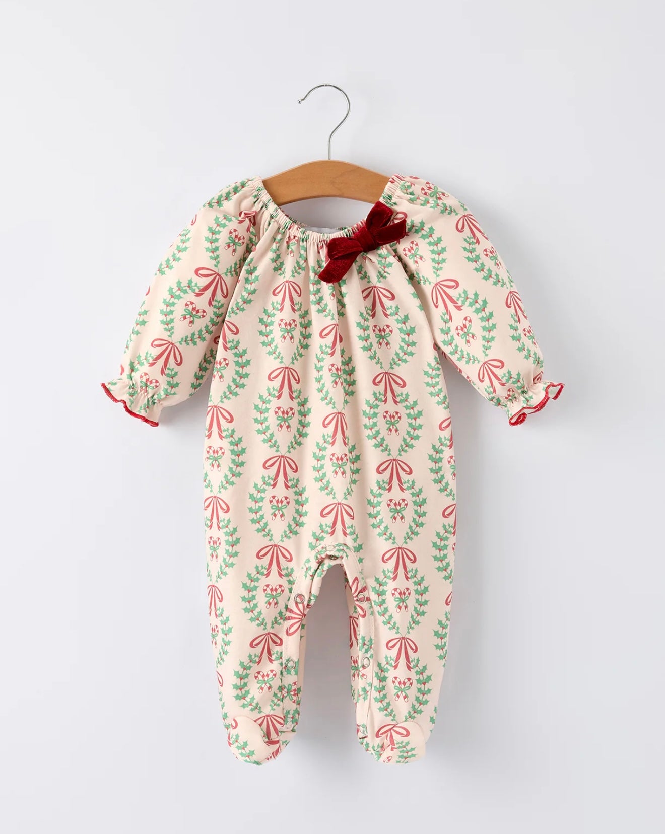 Christmas Wreath Print Baby Girls Romper Long Sleeve Holiday Outfit